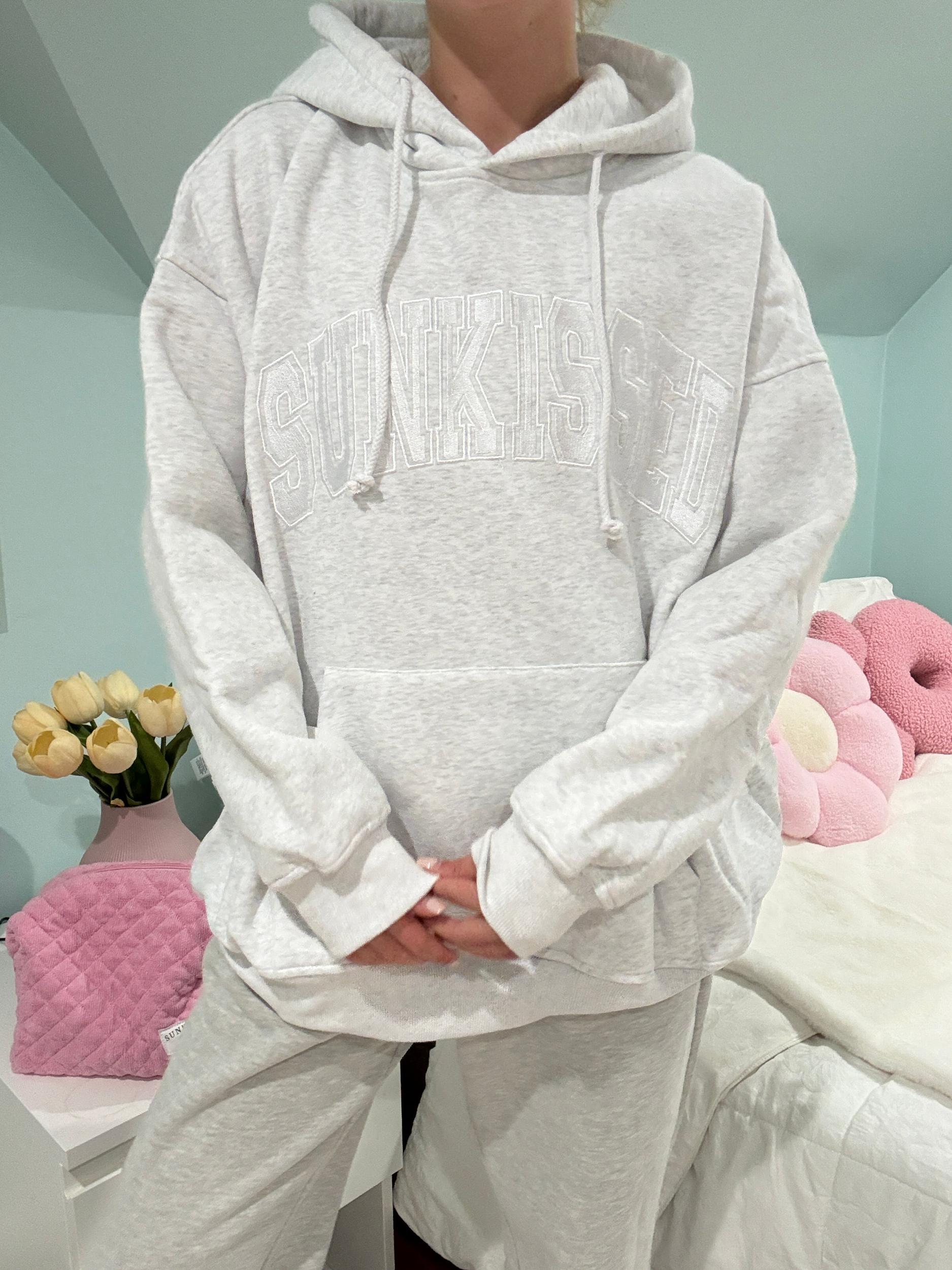 Pearl Grey With White Letters Sunkissed Varsity Embroider Hoodie Product Image