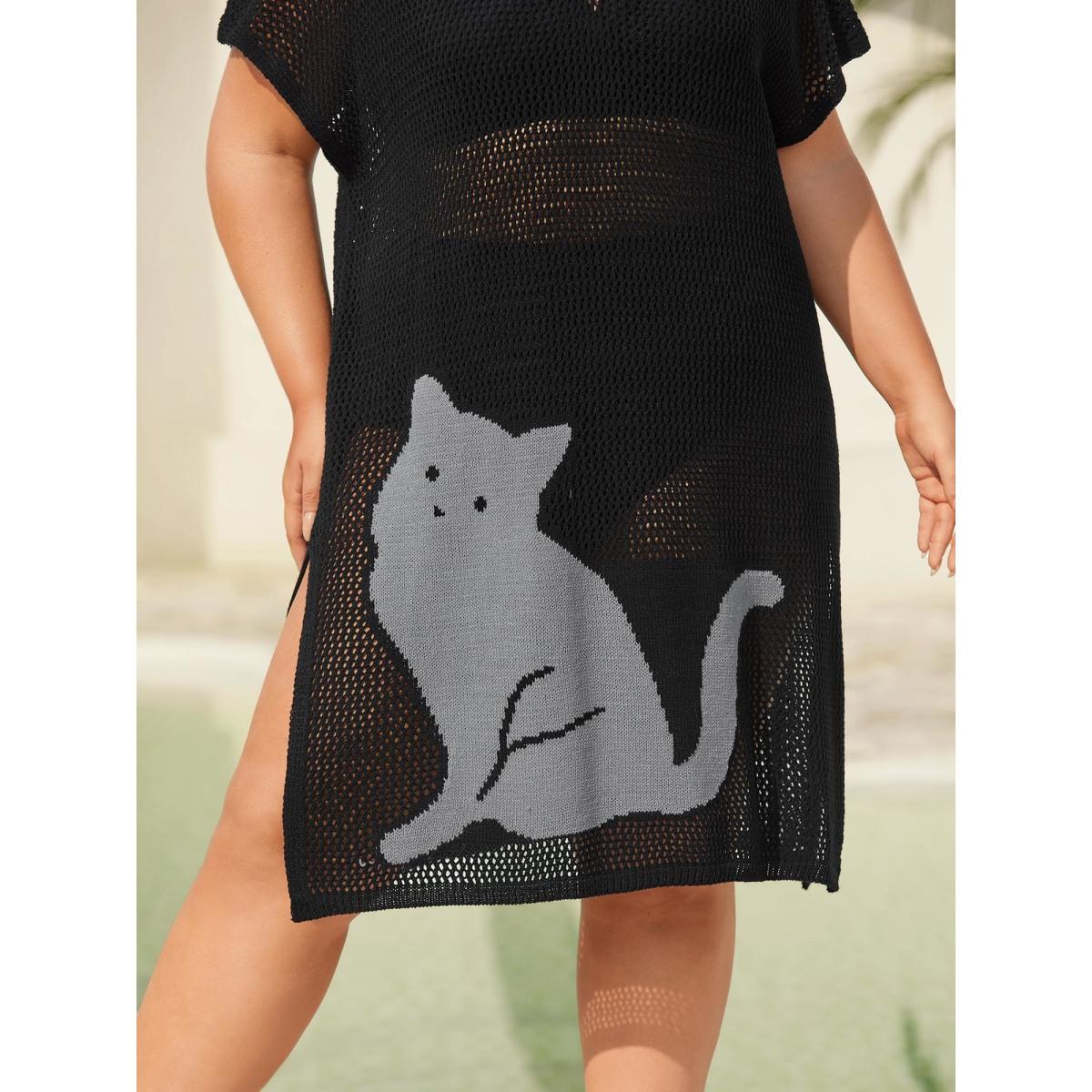 Plus Size Cut-Out Sheer Cat Pattern Swim Cover-Up Women's Swimwear Black Beach Loose Contrast Curve Swim Cover Ups BloomChic 14-16/1X Product Image