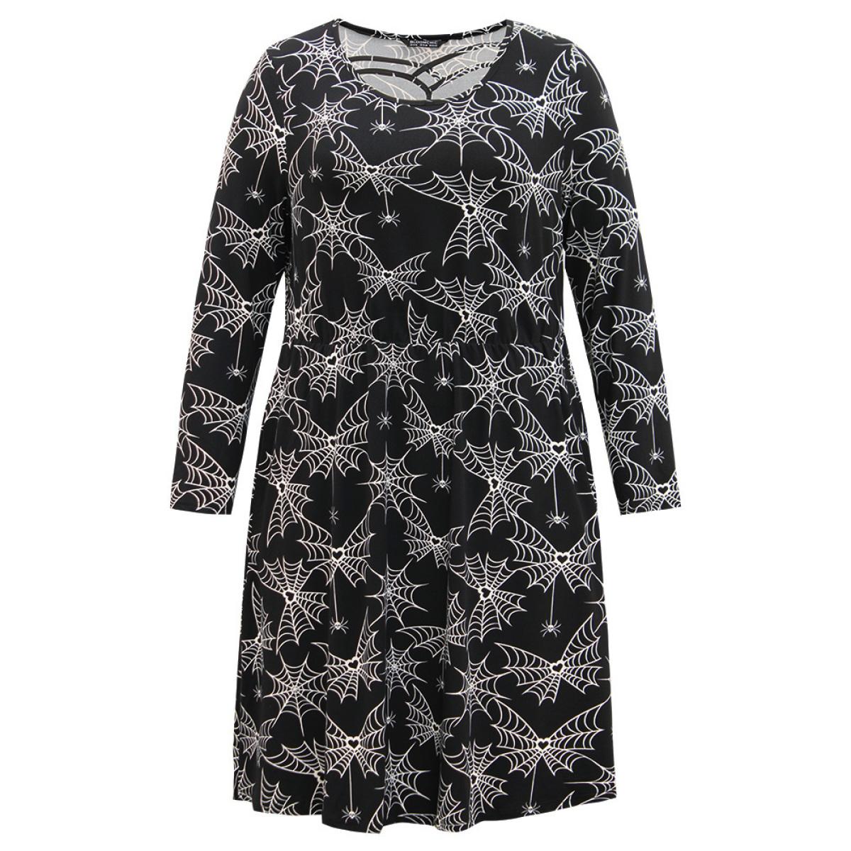 Plus Size Halloween Print Pocket Elastic Waist Crisscross Dress Black Women Casual Printed Round Neck Long Sleeve Curvy Midi Dress BloomChic 30/6X Product Image