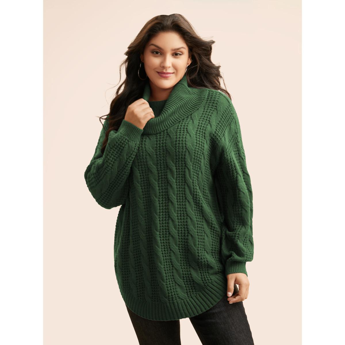 Plus Size Turtleneck Cable Knit Curved Hem Pullover Burgundy Women Leisure Loose Long Sleeve Turtleneck Casual Pullovers BloomChic 28/5X Product Image