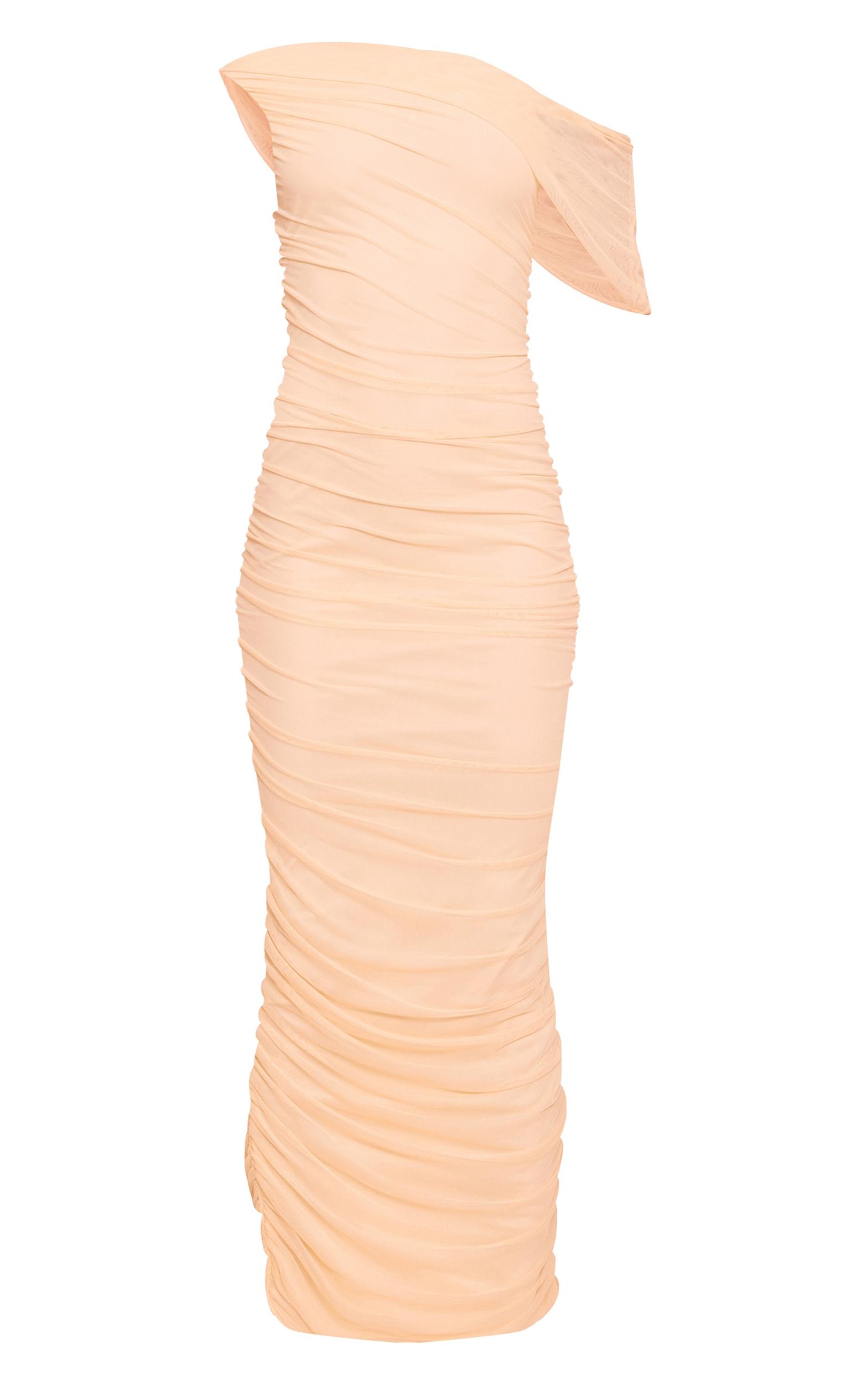 Tall Almond Mesh Overlay One Shoulder Ruched Maxi Dress Product Image