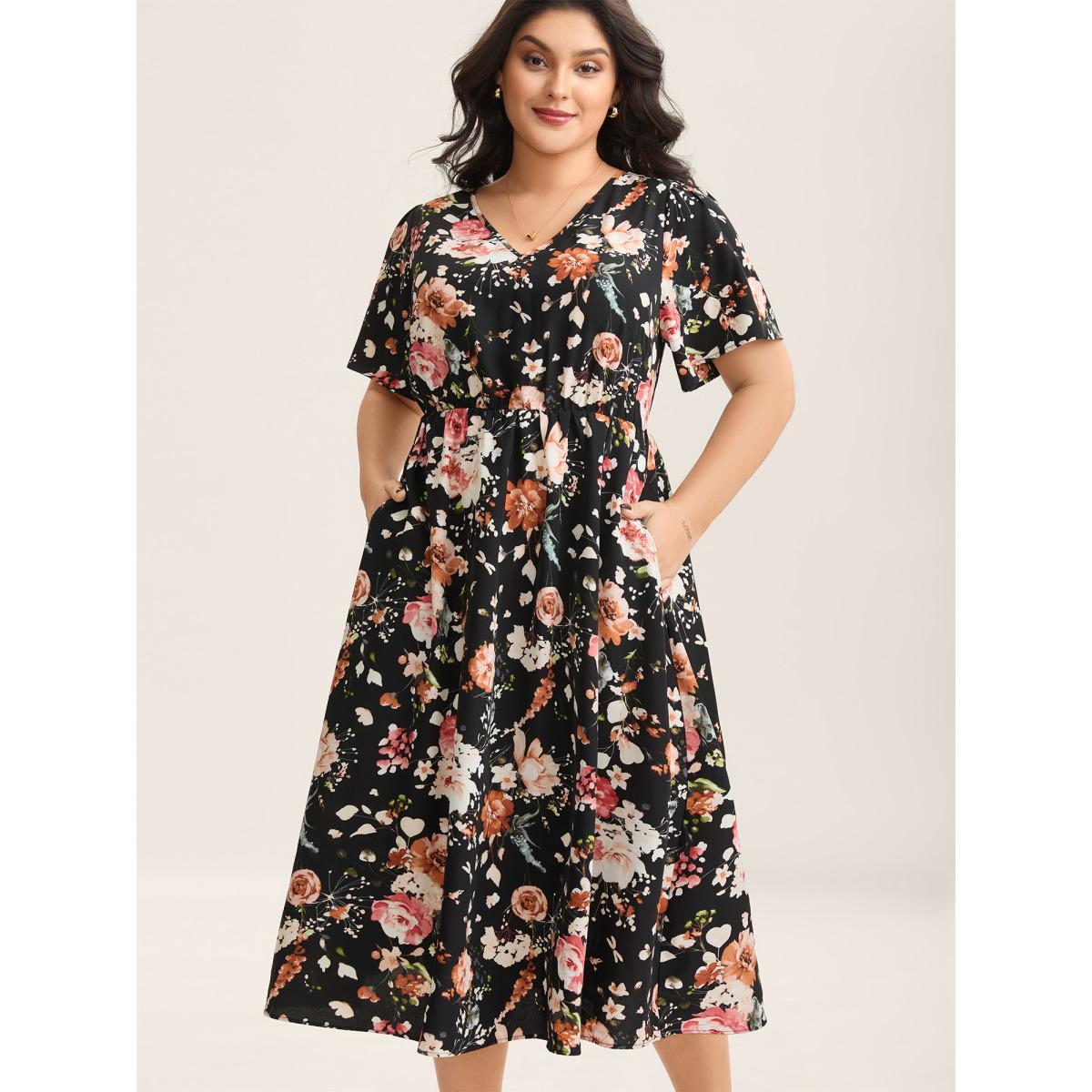 Plus Size Midnight Florals Cinched-Waist Pockets Midi Dress Black Women Overlap Collar Half Sleeve Curvy BloomChic 26/4X Product Image