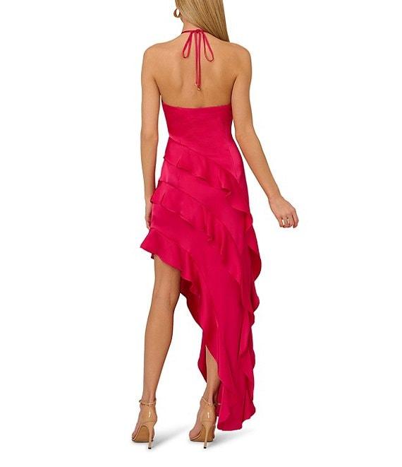 Adrianna by Adrianna Papell Satin Halter Neck Sleeveless Ruffle Maxi Gown Product Image