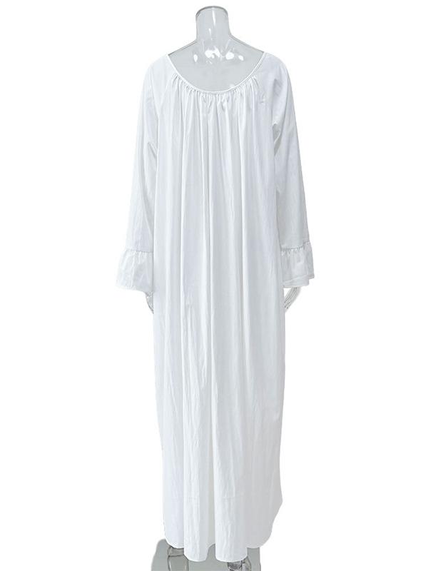 Flared Sleeves Loose Pleated Solid Color Split-Joint Round-Neck Maxi Dresses Product Image