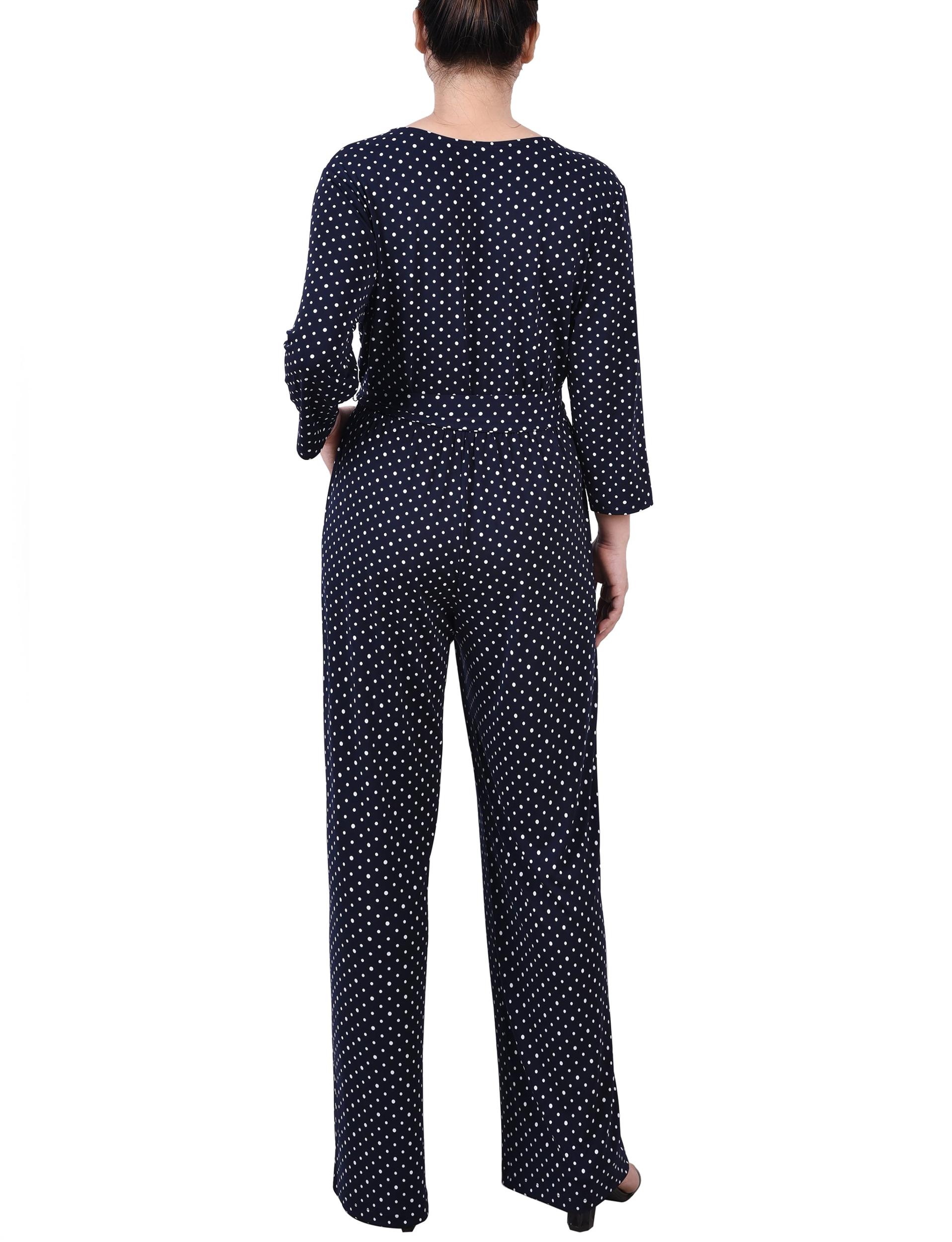 Navy Polka Dot 3/4 Sleeve Belted Jumpsuit - Petite Product Image