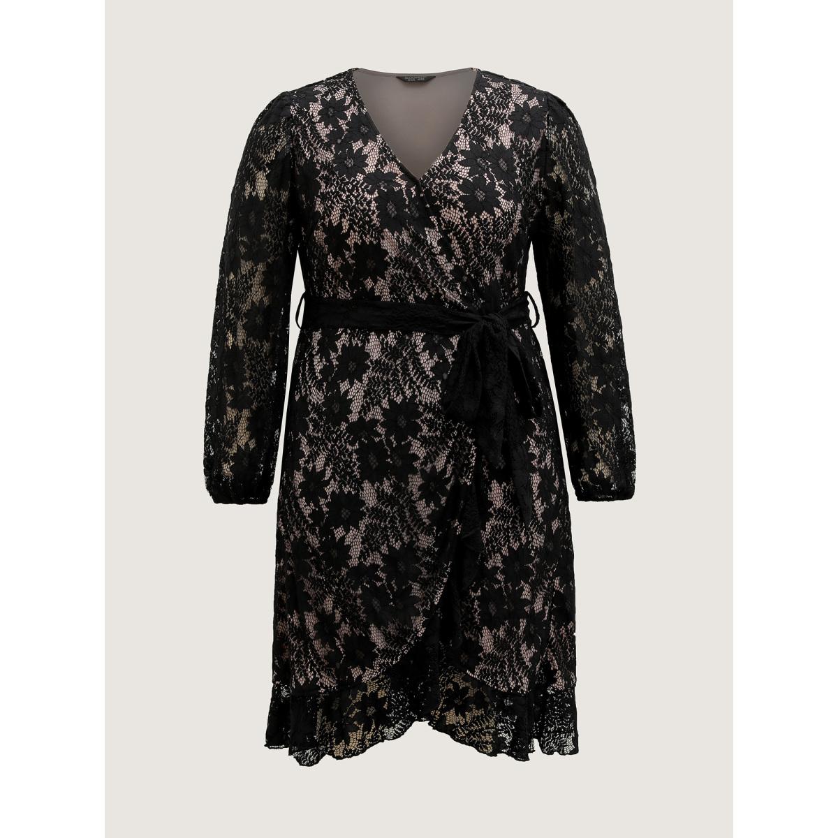 Plus Size Floral Lace Lined Wrap Belted Midi Dress Black Women Romantic Overlapping Overlap Collar Extra Long Sleeve Curvy BloomChic 14-16/1X Product Image