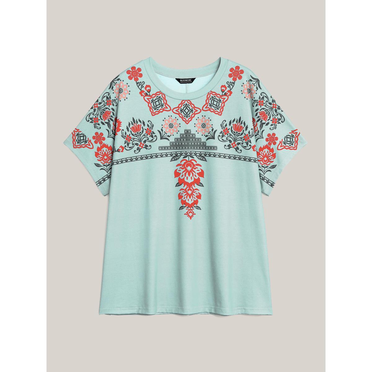 Plus Size Boho Print Stretchy Half Sleeve T-Shirt Greenbean Women Casual Non Round Neck Everyday T-shirts BloomChic 18-20/2X Product Image