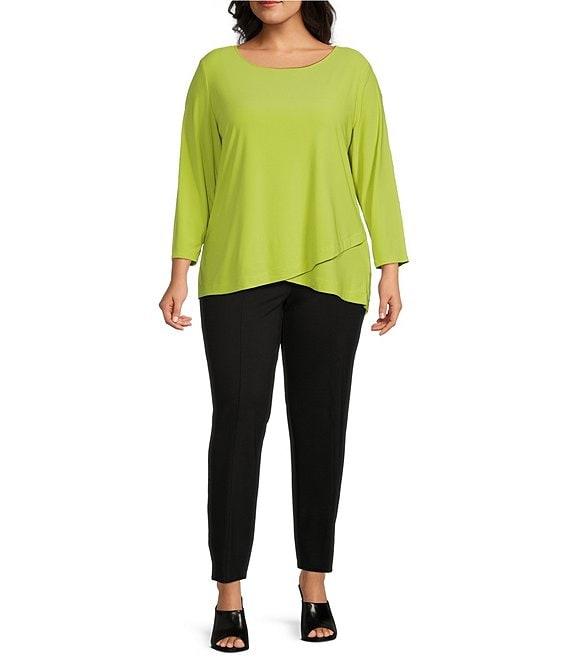 Slim Factor by Investments Plus Size Crew Neckline High-Low Hem Back Button Top Product Image