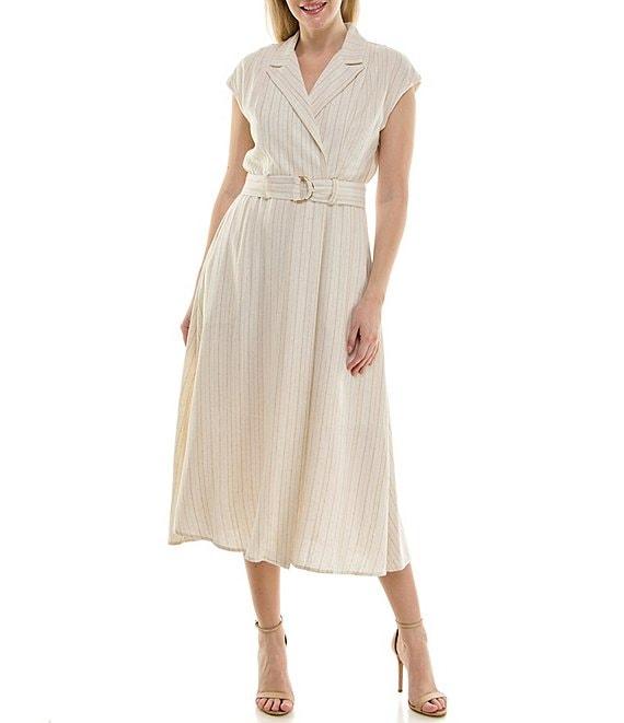 Moda Tara Notch Collar V-Neck Stripe Cap Sleeve Linen Midi Dress Product Image