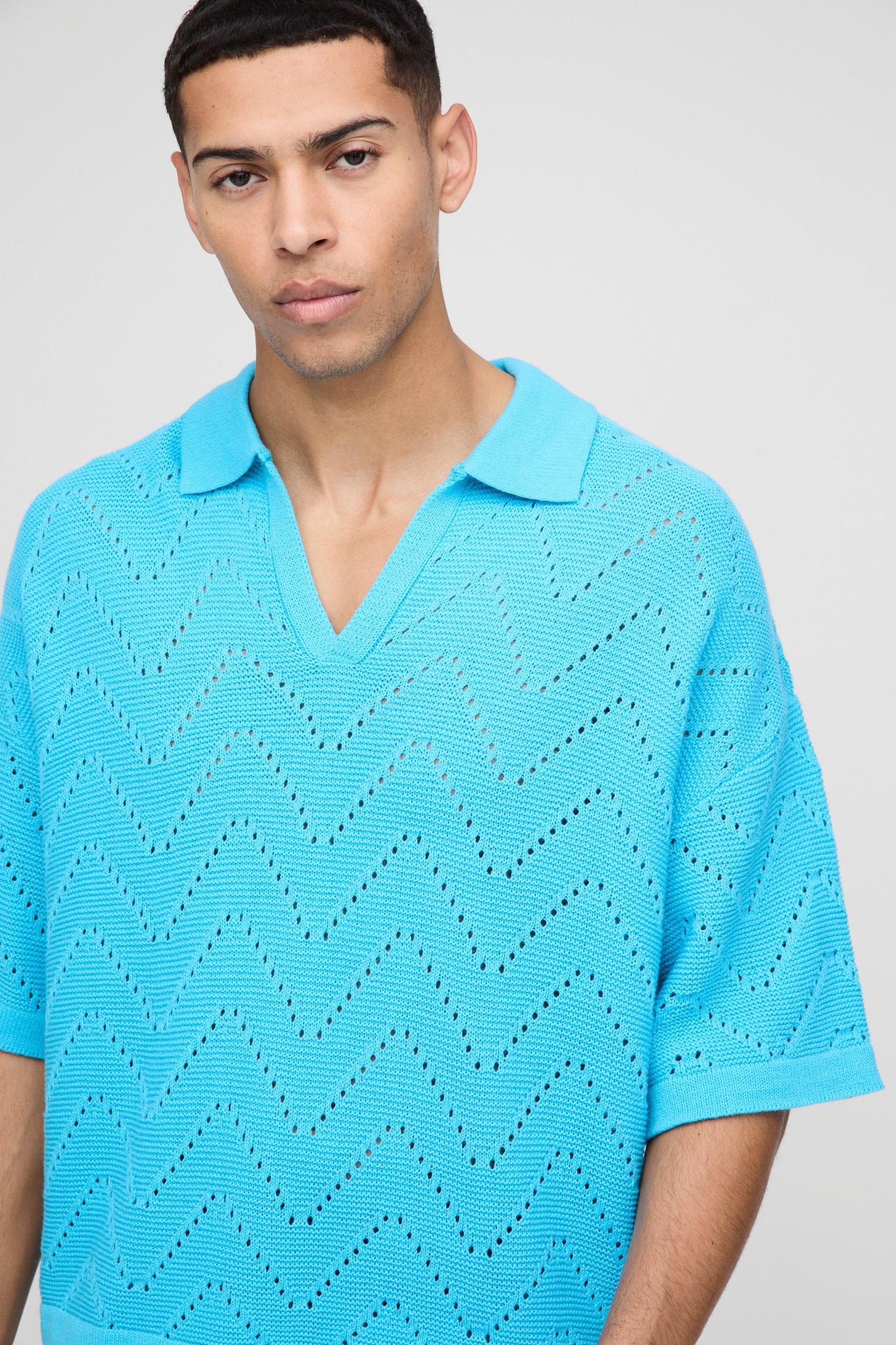 Oversized Boxy V Neck Geometric Knitted Polo | boohooMAN USA Product Image
