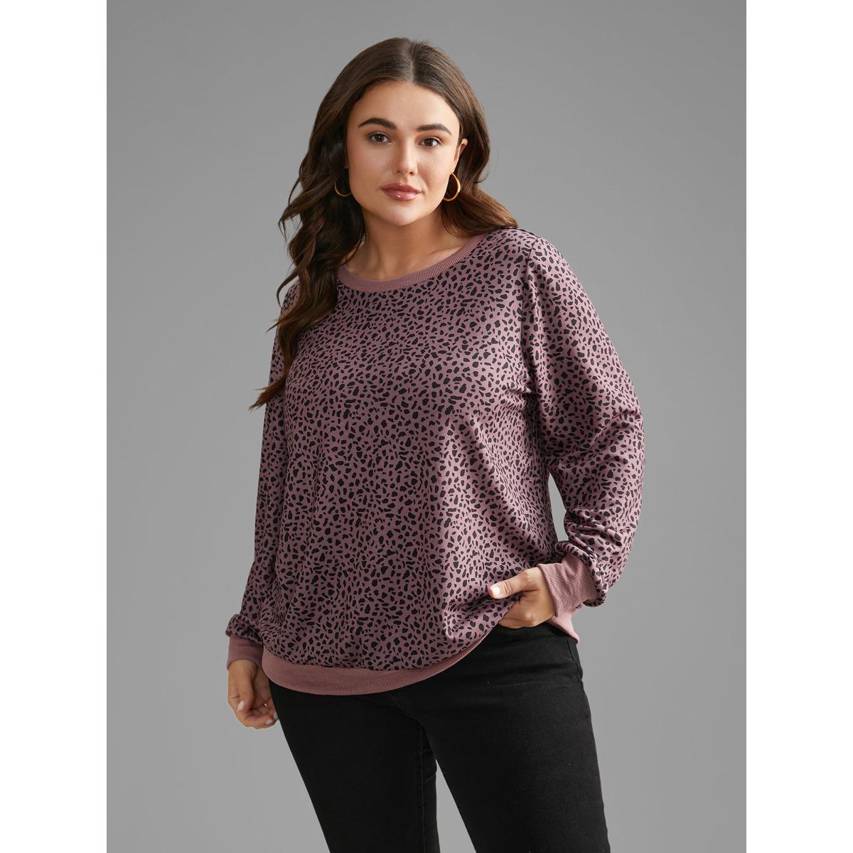 Plus Size Leopard Print Crew Neck Stretchy Sweatshirt Women DustyPink Casual Contrast Round Neck Everyday Sweatshirts BloomChic 10/M Product Image