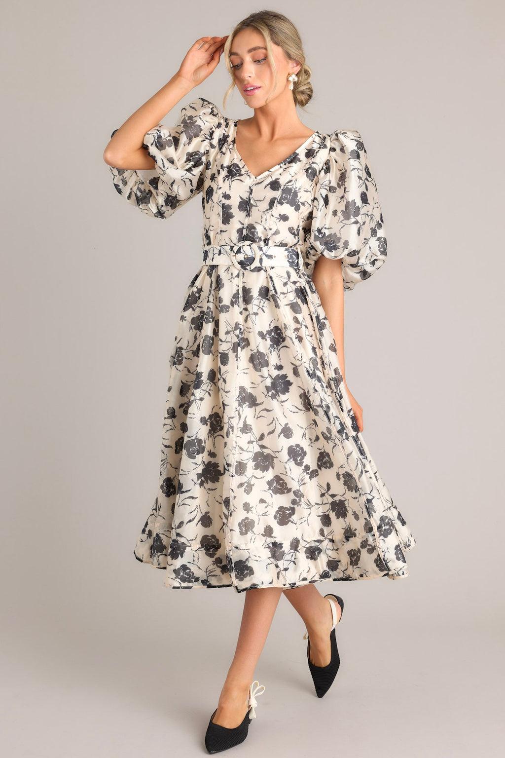 Blossoming Resilience Ivory & Black Floral Belted Midi Dress Product Image