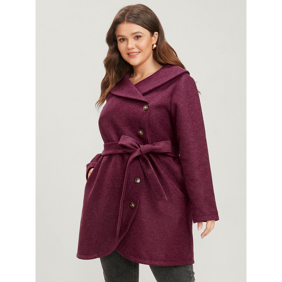 Plus Size Solid Foldover Collar Pocket Asymmetrical Hem Belted Coat Women Burgundy Elegant Cross straps Ladies Dailywear Winter Coats BloomChic 28/5X Product Image