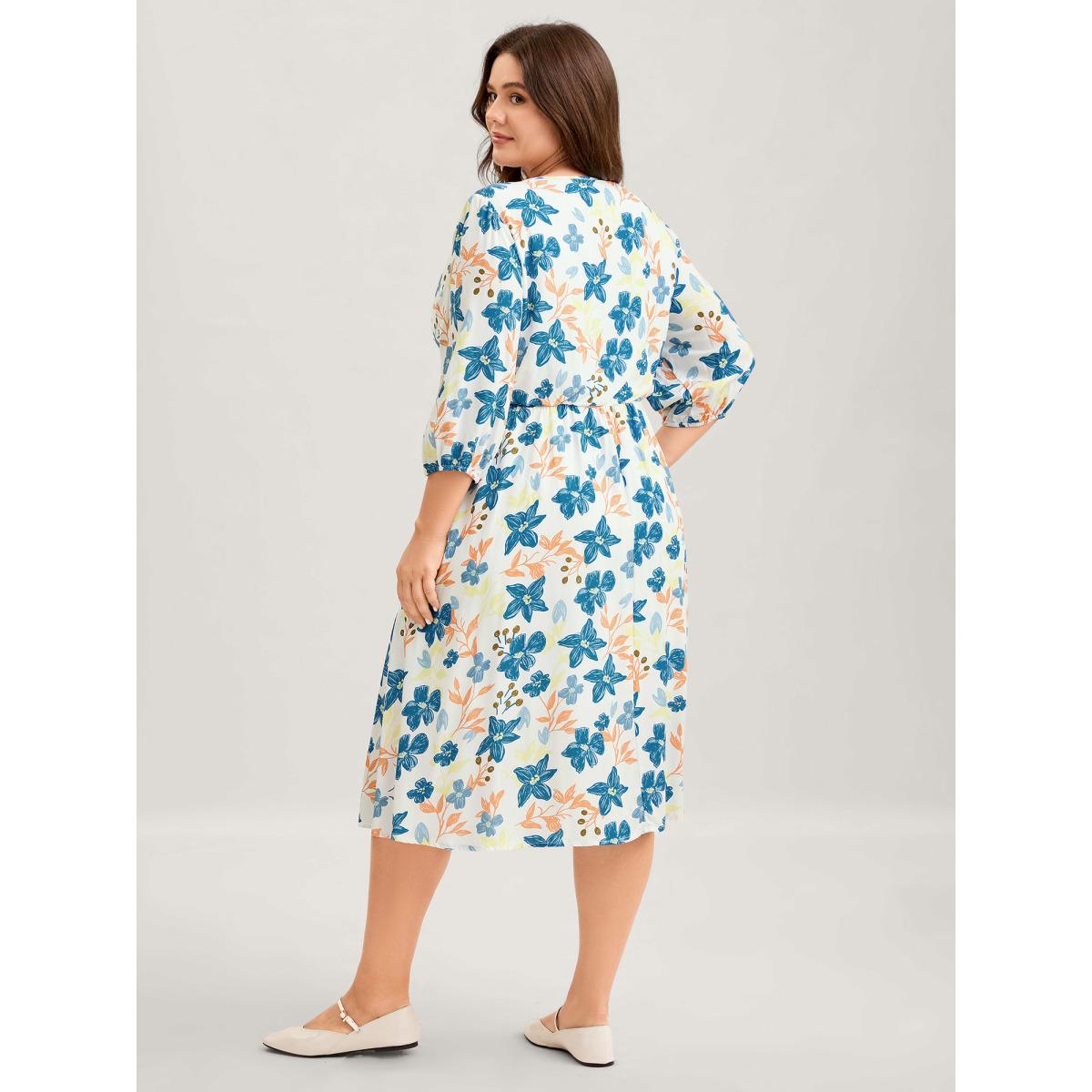 Plus Size Rayon Floral Stretchy Waist Pockets Midi Dress Multicolor Women Flat collar with V-notch Elbow-length sleeve Curvy BloomChic 14-16/1X Product Image