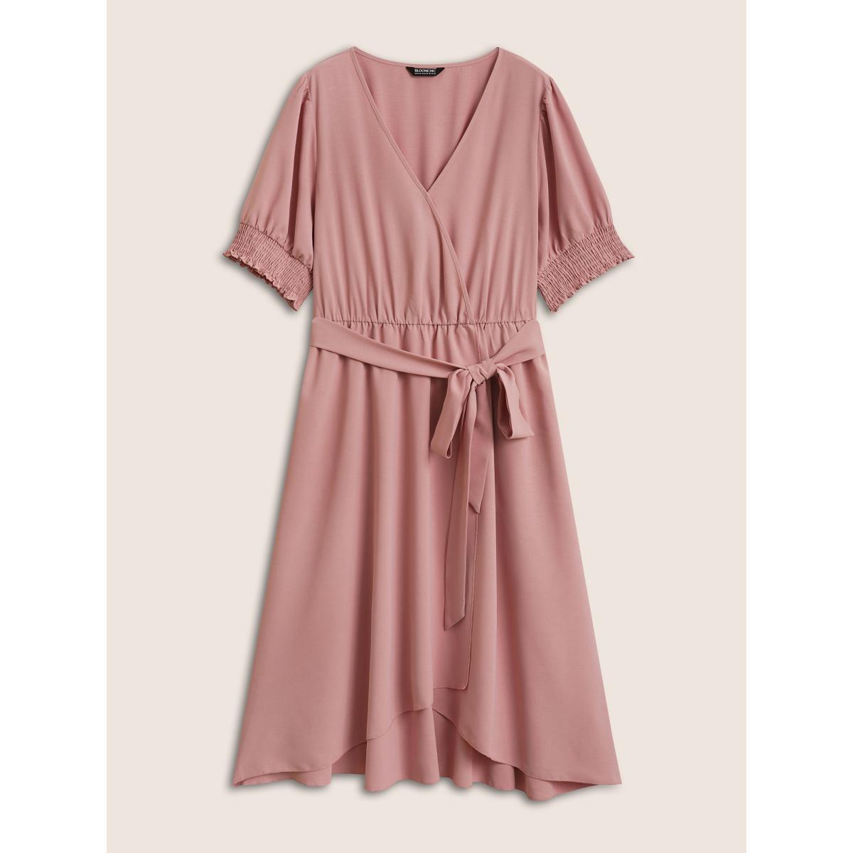 Plus Size Solid Overlap Collar Puff Sleeve Belted Dress Pink Women Elegant Shirred Overlap Collar Short sleeve Curvy BloomChic 18-20/2X Product Image