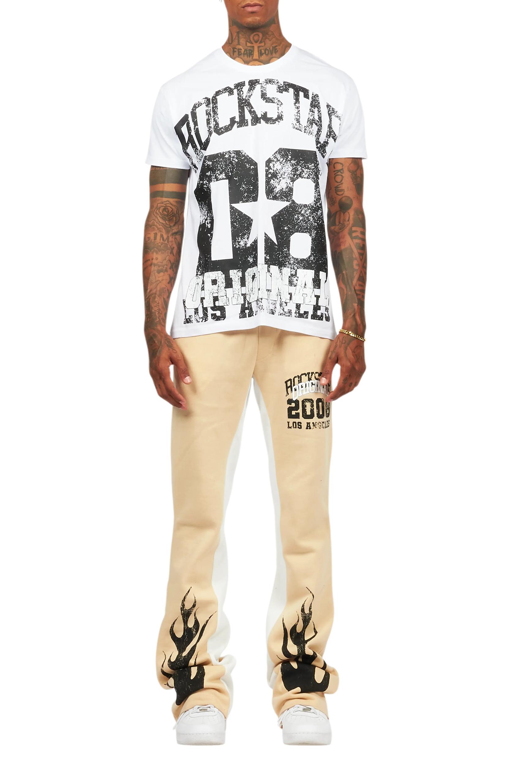 Edel White/Beige T-Shirt/Stacked Baggy Track Pant Set Male Product Image