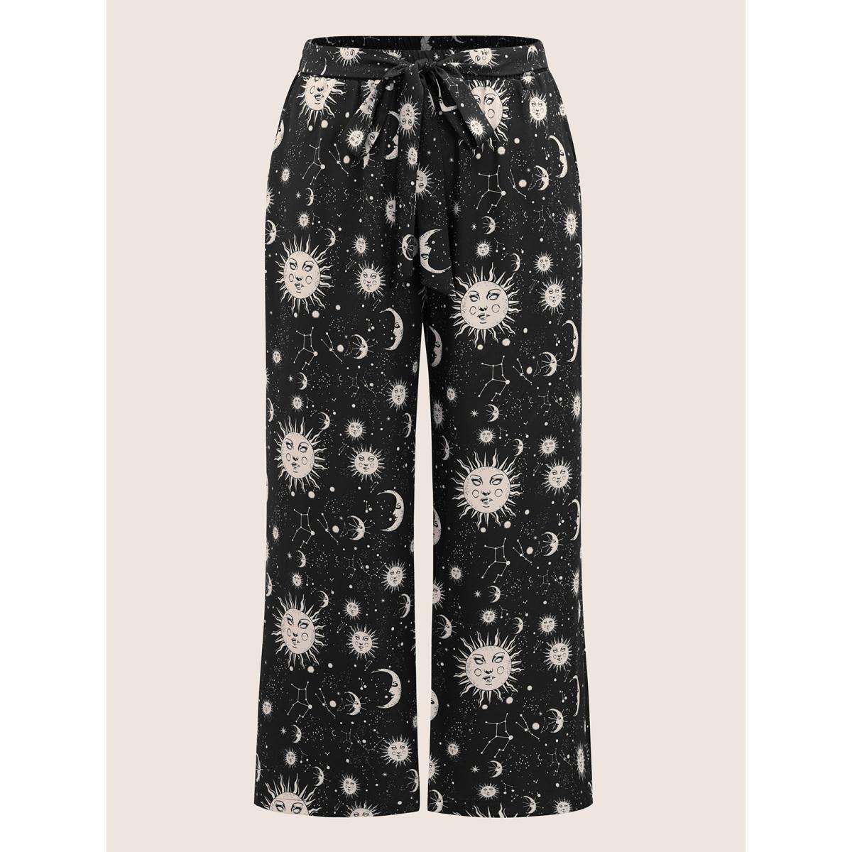 Plus Size Silhouette Floral Print Ties Side Seam Pocket Pants Women BlackFlower Elegant Wide Leg High Rise Everyday Pants BloomChic 18-20/2X Product Image