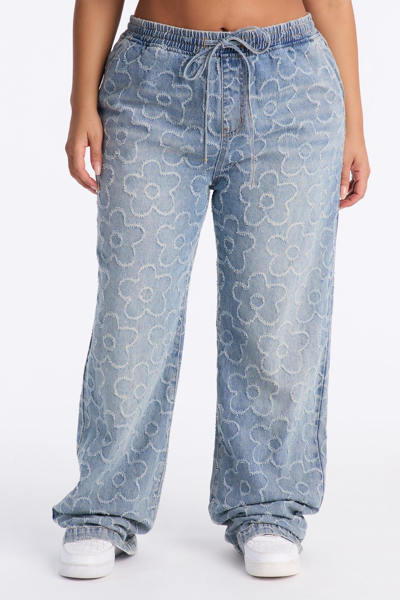 Flower Power Pull On Tie Waist Straight Leg Jeans - Medium Wash Female Product Image