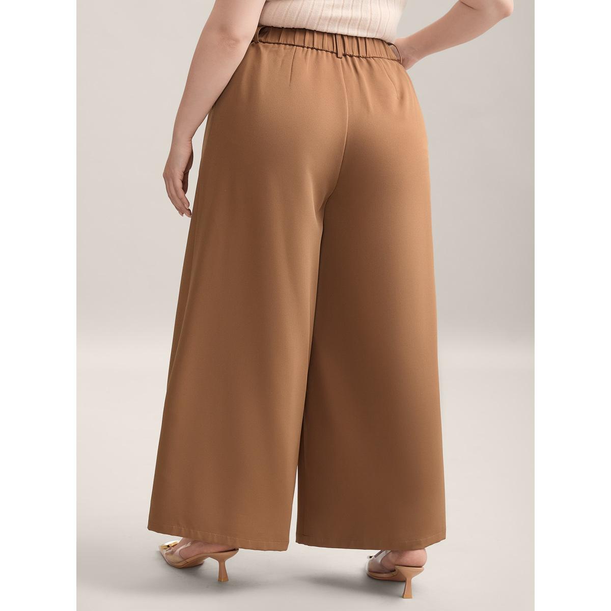 Plus Size Stretchy Waist Pleated Wide-Leg Pants Women Wheat At the Office Wide Leg Mid Rise Work Pants BloomChic 10/M Product Image