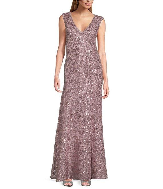 Alex Evenings Sequin Lace V Neck Sleeveless Sheath Gown Product Image
