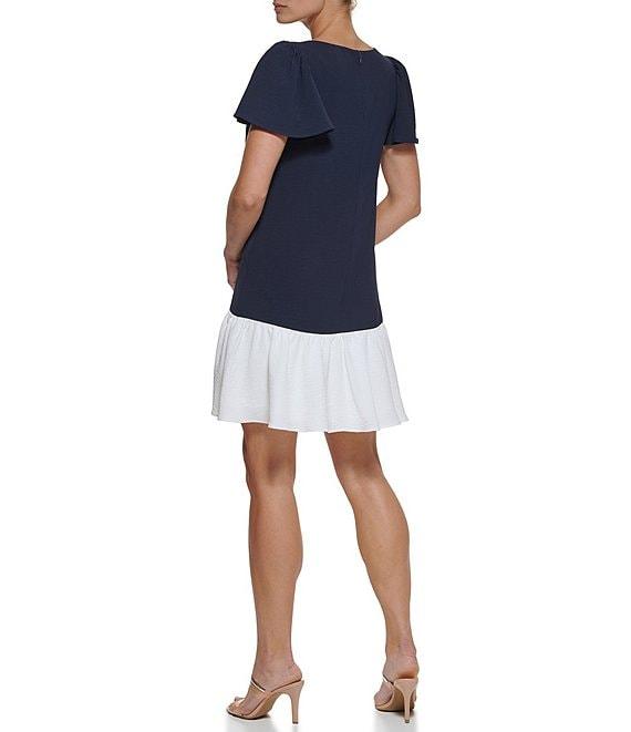 DKNY by Donna Karan Woven Crew Neck Colorblock Short Sleeve Flutter Hem Shift Mini Dress Product Image