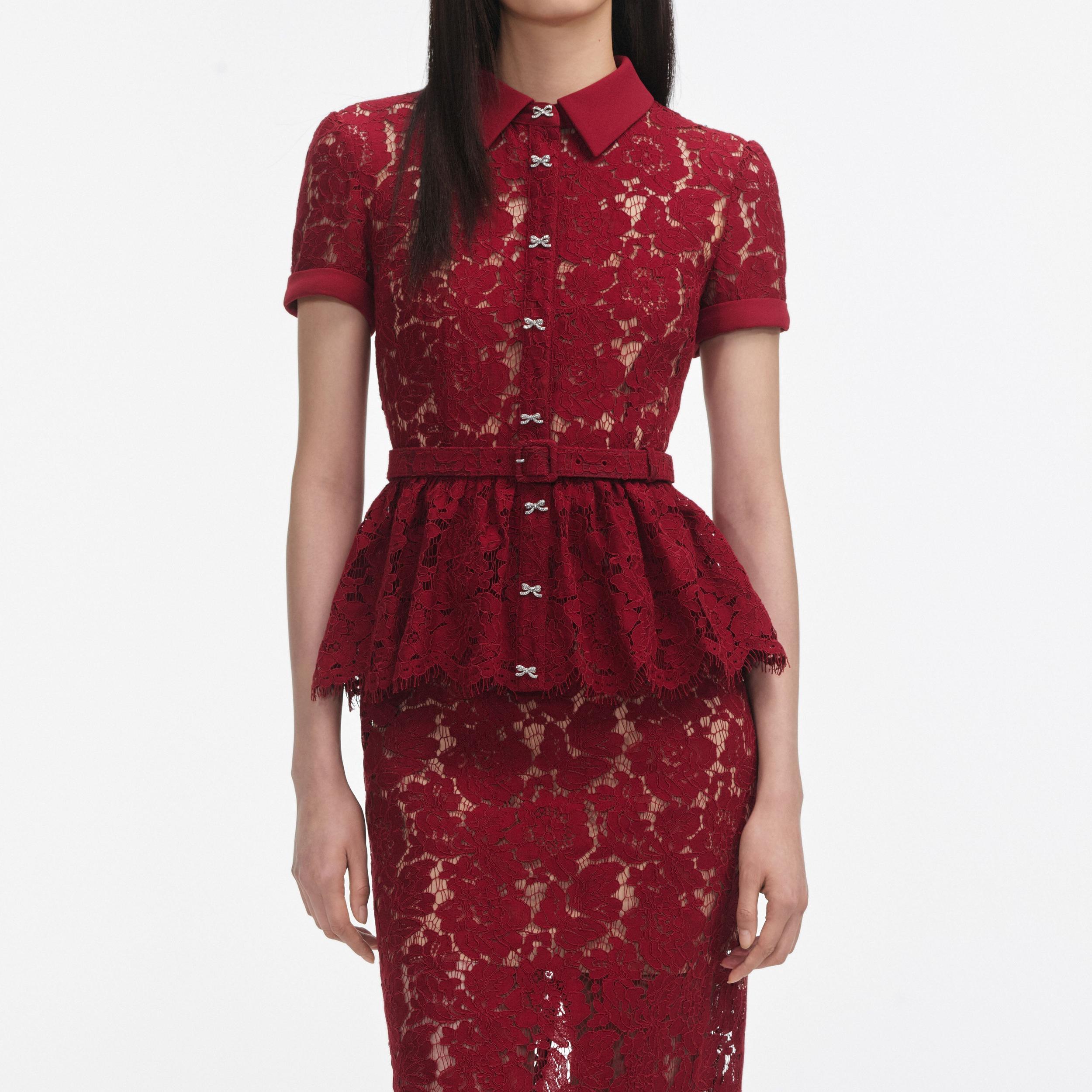 Burgundy Lace Peplum Midi Dress Product Image