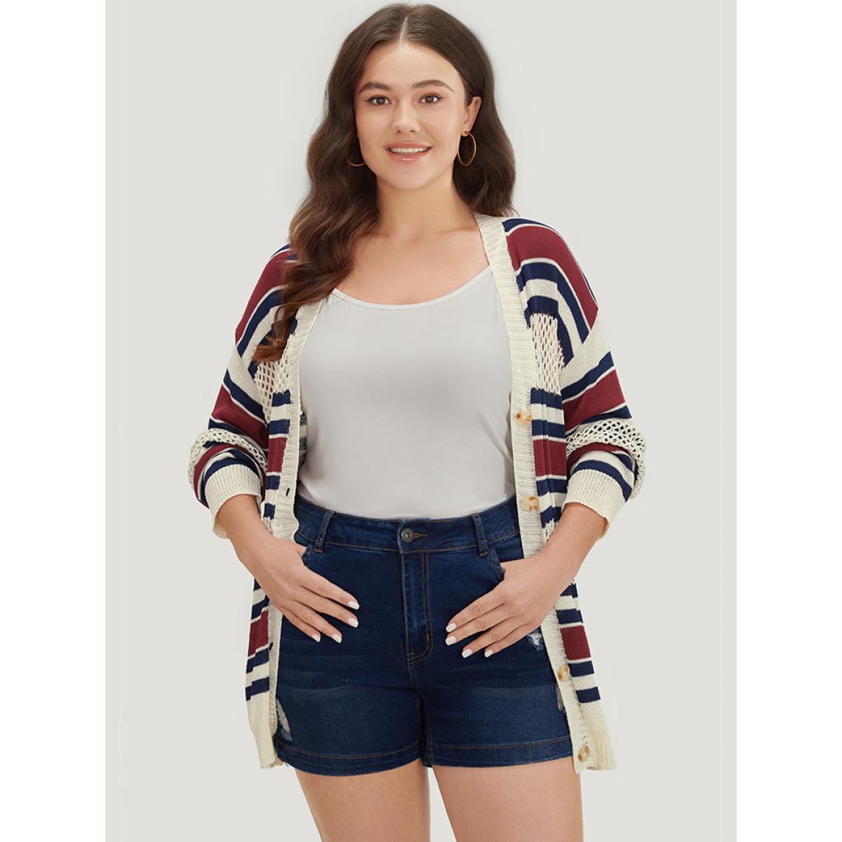 Plus Size Striped Hollow Out Patchwork Button Detail Cardigan Beige Women Casual Loose Long Sleeve Everyday Cardigans BloomChic 14-16/1X Product Image