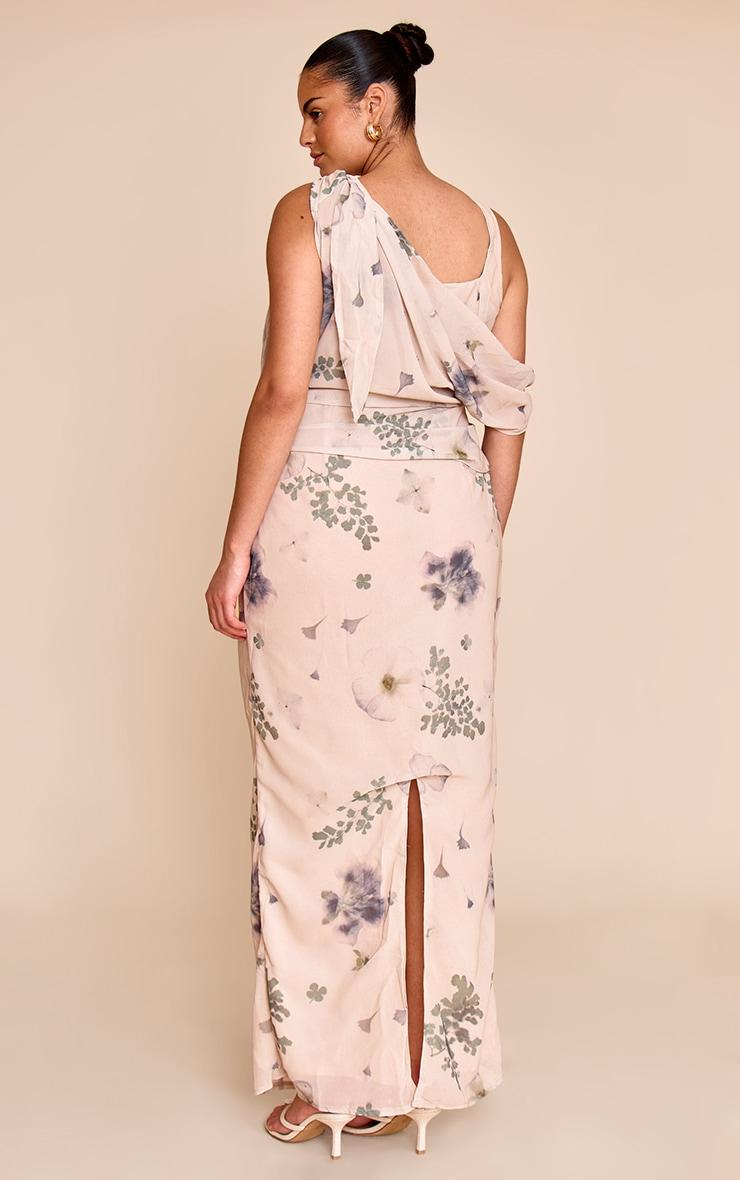 Plus Sand Abstract Printed Chiffon Draped Maxi Dress Product Image