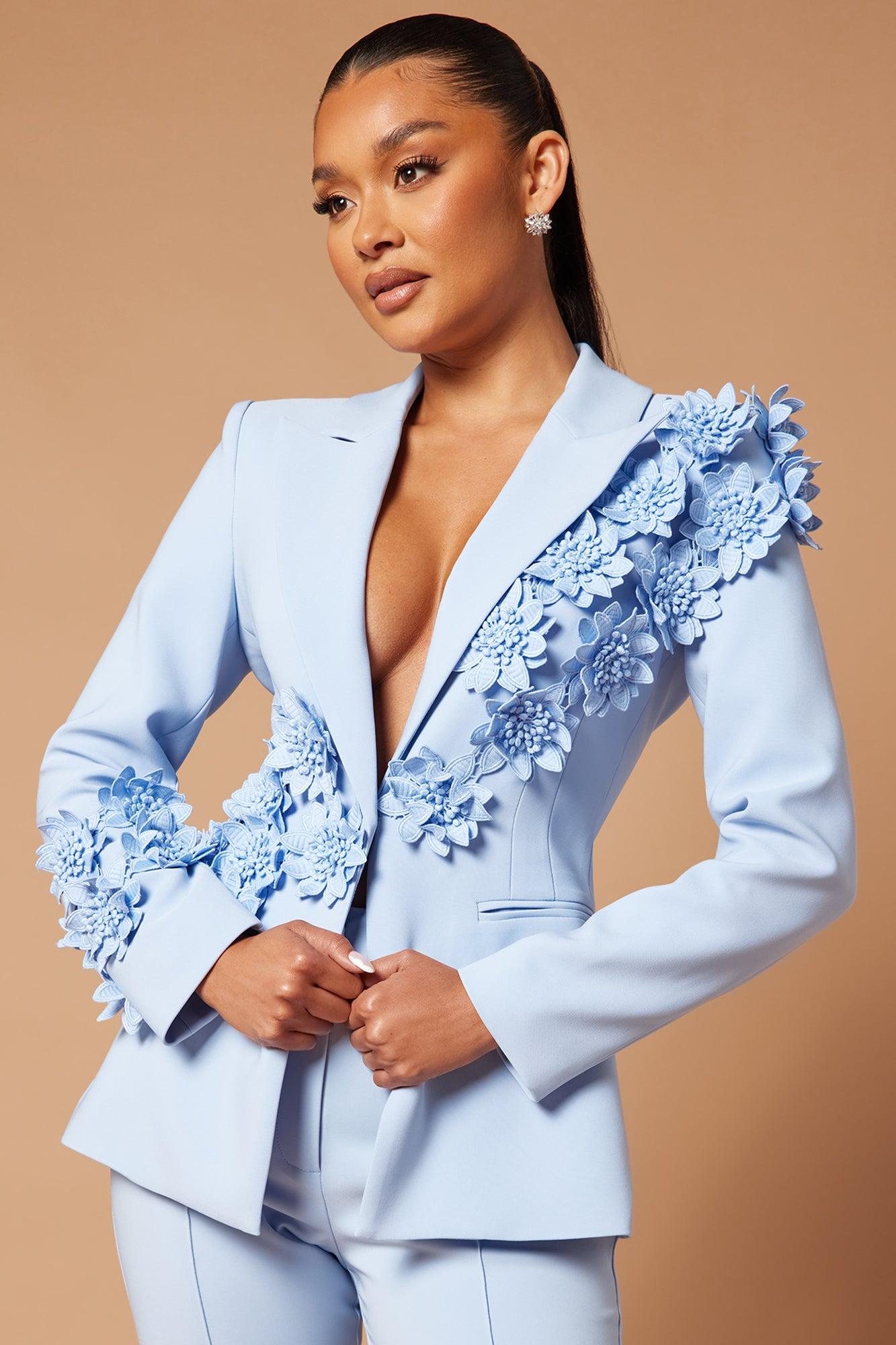 Claudette Floral Embroidered Suit Set - Light Blue Product Image