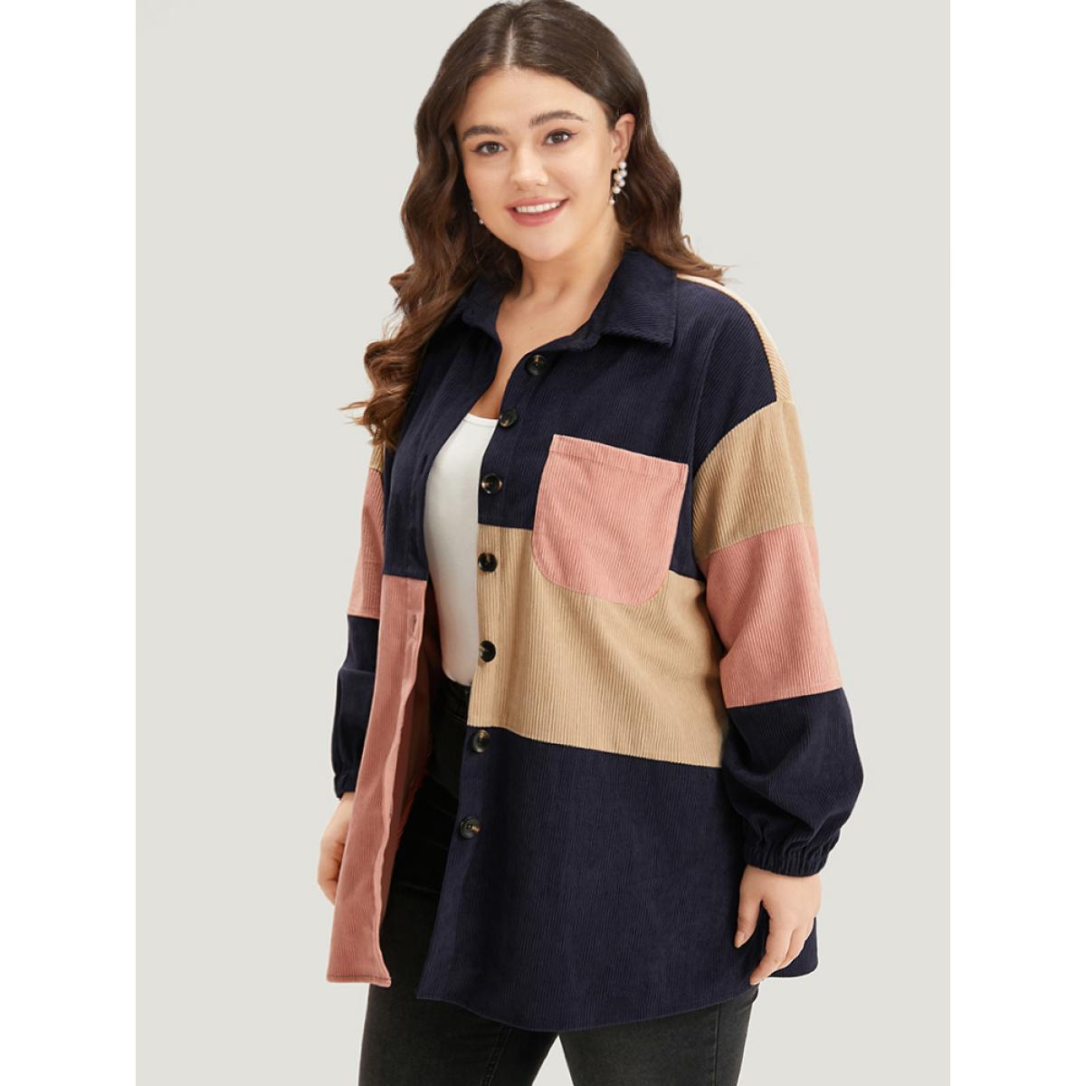 Plus Size Colorblock Contrast Patchwork Pocket Button Through Jacket Women DarkBlue Pocket Dailywear Jackets BloomChic 26/4X Product Image