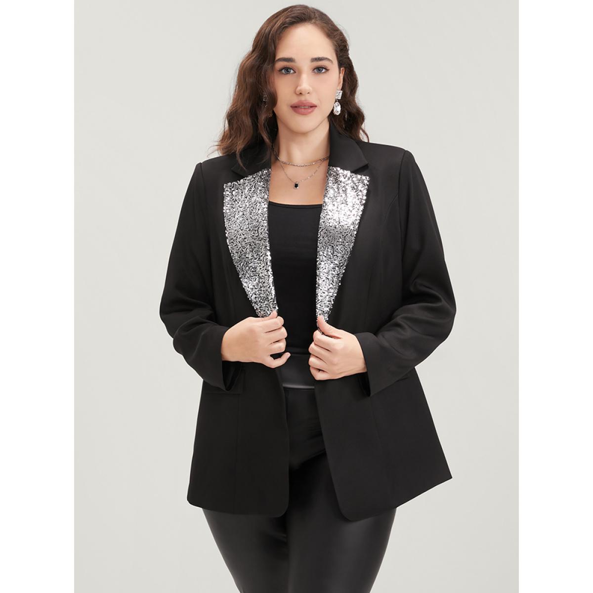Plus Size Contrast Sequin Suit Collar Flap Pocket Blazer Black Women Going out Plain Patchwork Sleeve Long Sleeve Suit Collar 30/6X Pocket Party Blazers BloomChic Product Image