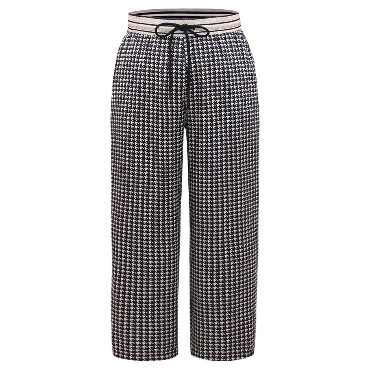 Plus Size Houndstooth Drawstring Straight Leg Pants Women Black Office Straight Leg High Rise Work Pants BloomChic 14-16/1X Product Image