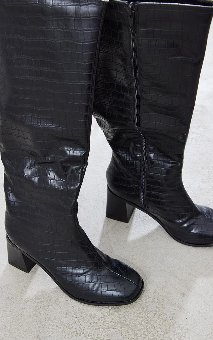 Black Wide Fit Pu Croc Square Toe Mid Block Heeled Knee Boots Product Image