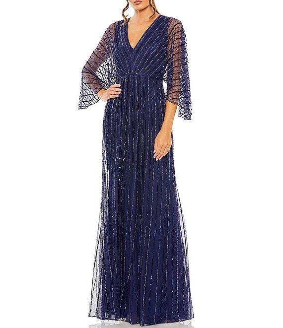 Mac Duggal Beaded Stripe 3/4 Kimono Sleeve V-Neck Gown Product Image