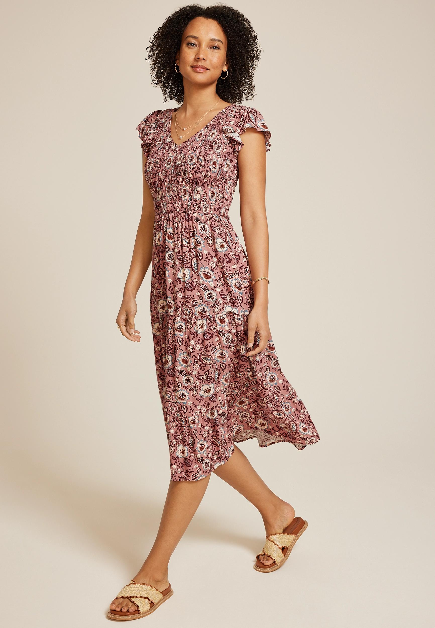 Printed Flutter Sleeve Smocked Midi Dress Product Image