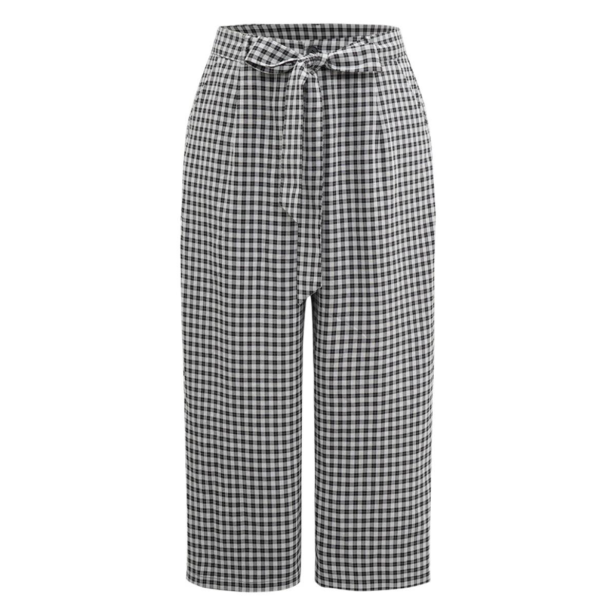 Plus Size Plaid Belted Bowknot Wide Leg Pants Women Black Office Wide Leg High Rise Work Pants BloomChic 22-24/3X Product Image