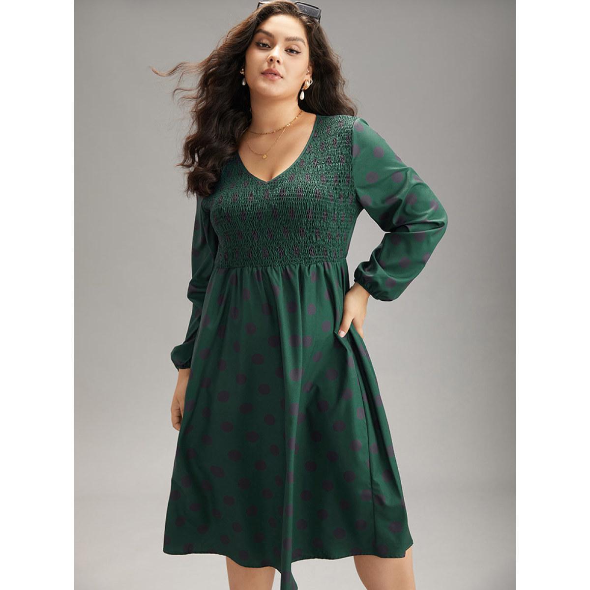Plus Size Polka Dot Shirred Lantern Sleeve Dress DarkGreen Women Elegant Elastic cuffs V-neck Long Sleeve Curvy Midi Dress BloomChic 30/6X Product Image