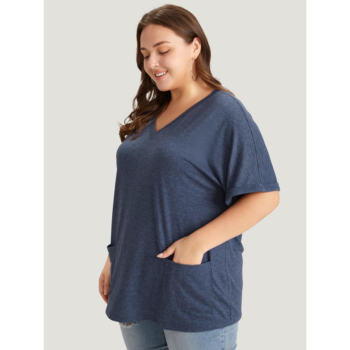 Plus Size Plain Patched Pocket Cuffed Sleeve Heather T-shirt Blue Women Casual Heather Plain V-neck Dailywear T-shirts BloomChic 28/5X Product Image