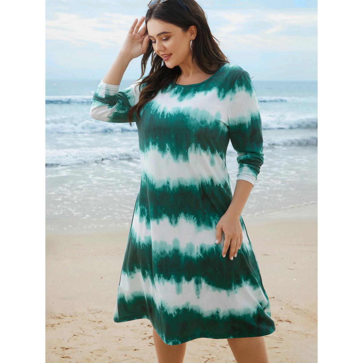 Plus Size Tie-Dye Round Neck Midi Knit Dress Teal Women Casual Non Knit Dresses Bloomchic 28/5X Product Image