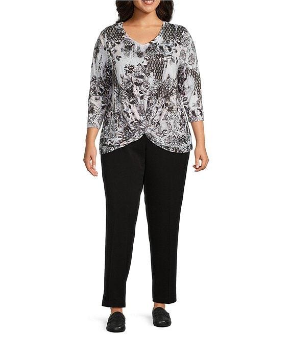 Allison Daley Plus Size Foulard Floral Print Embellished 3/4 Sleeve V-Neck Knit Top Product Image