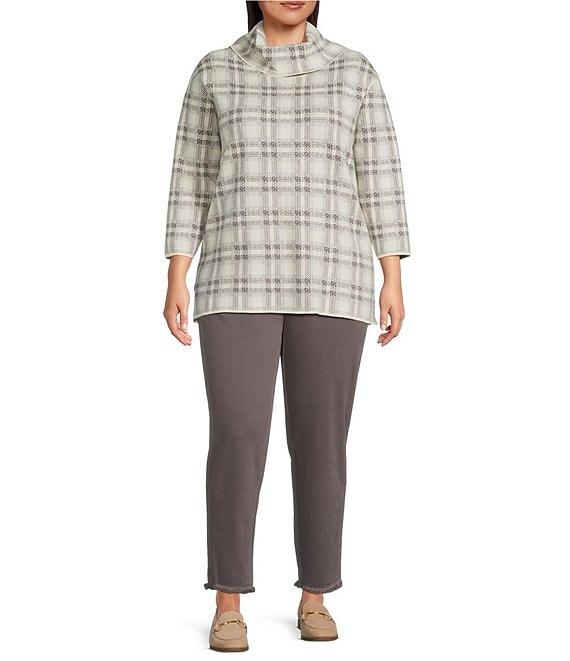 Multiples Plus Size Solid Garment Dyed Straight Leg Fringe Hem Pull-On Ankle Pants Product Image