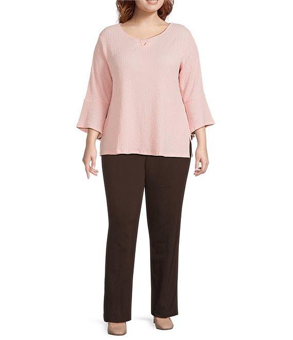 Allison Daley Plus Size Pucker Knit 3/4 Sleeve Keyhole Neck Top Product Image