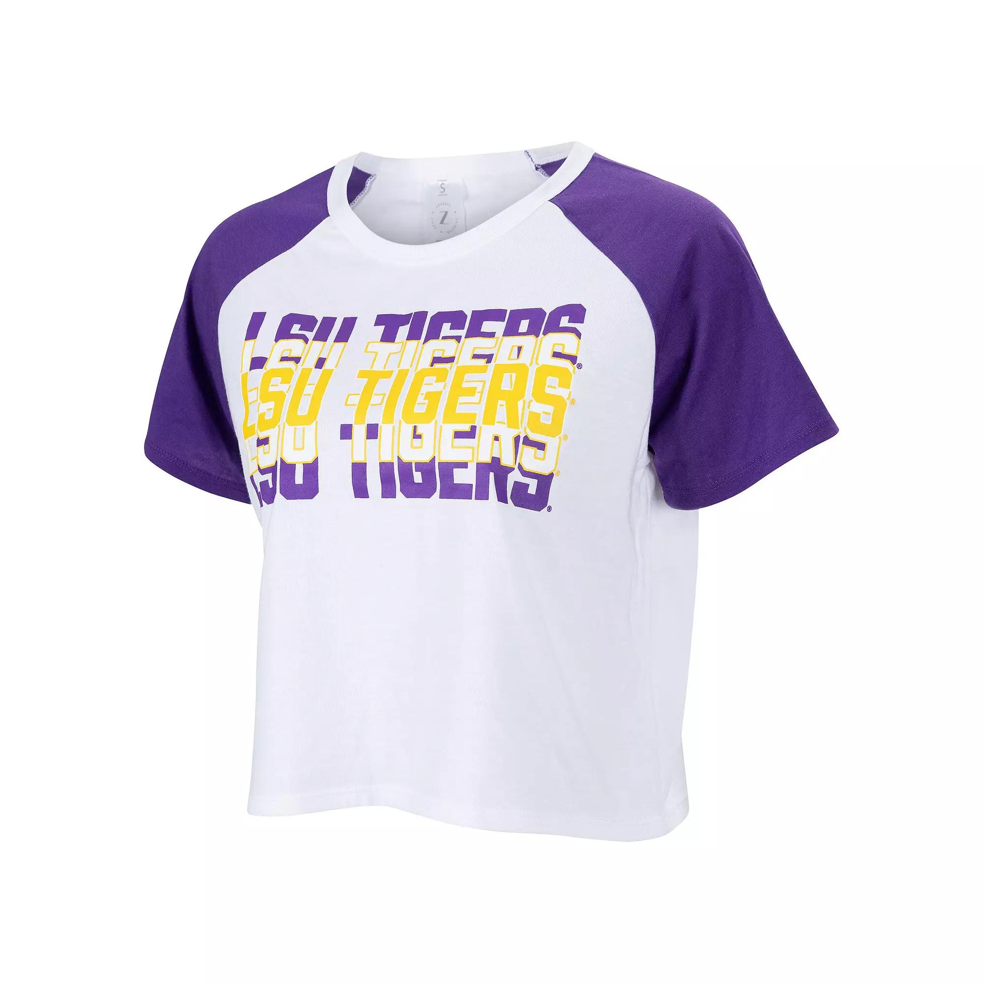 Women's ZooZatz White LSU Tigers Colorblock Repeat Raglan Cropped T-Shirt,  Product Image