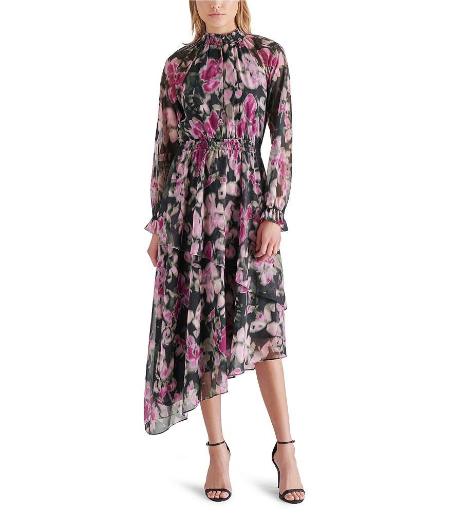 Steve Madden Starla Chiffon Floral Print Mock Neck Long Sleeve Midi Dress Product Image