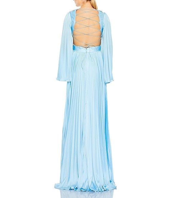 Mac Duggal Pleated V-Neck Long Bell Sleeve Side Cut-Out Gown Product Image