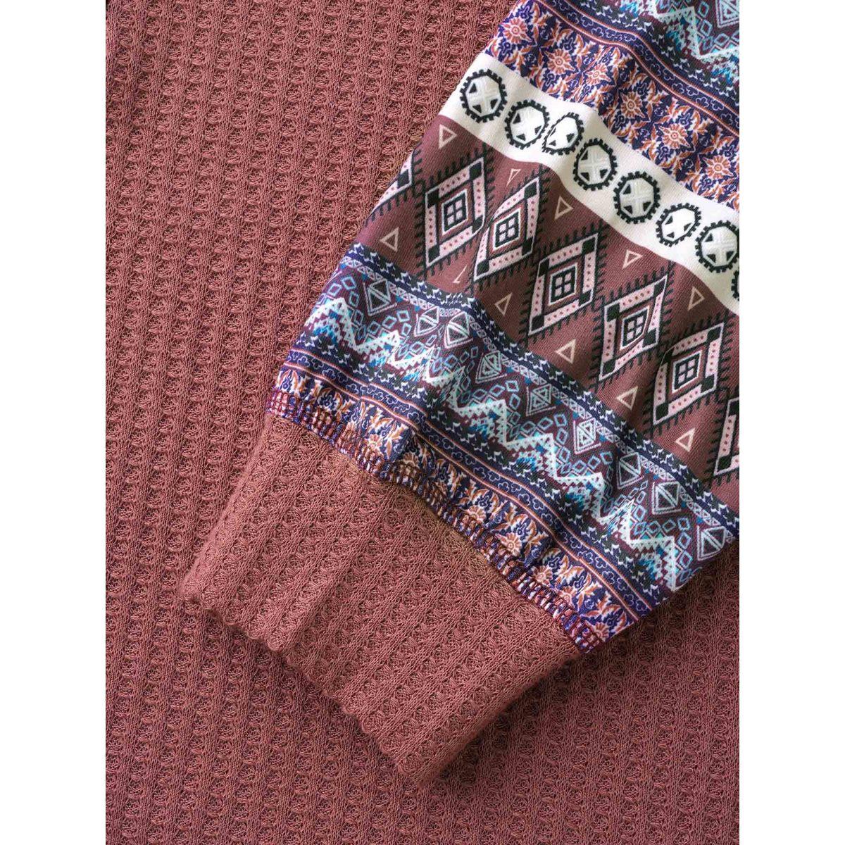 Plus Size Boho Print Patchwork Waffle Knit T-shirt DustyPink Women Casual Texture Round Neck Everyday T-shirts BloomChic 30/6X Product Image