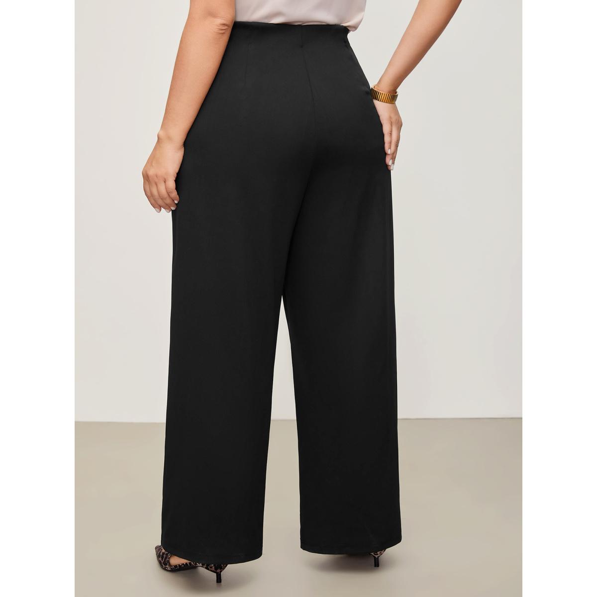 Plus Size Solid Elastic Waist Pleated Wide Leg Pants Women Black Office Wide Leg Mid Rise Office Pants BloomChic 10/M Product Image