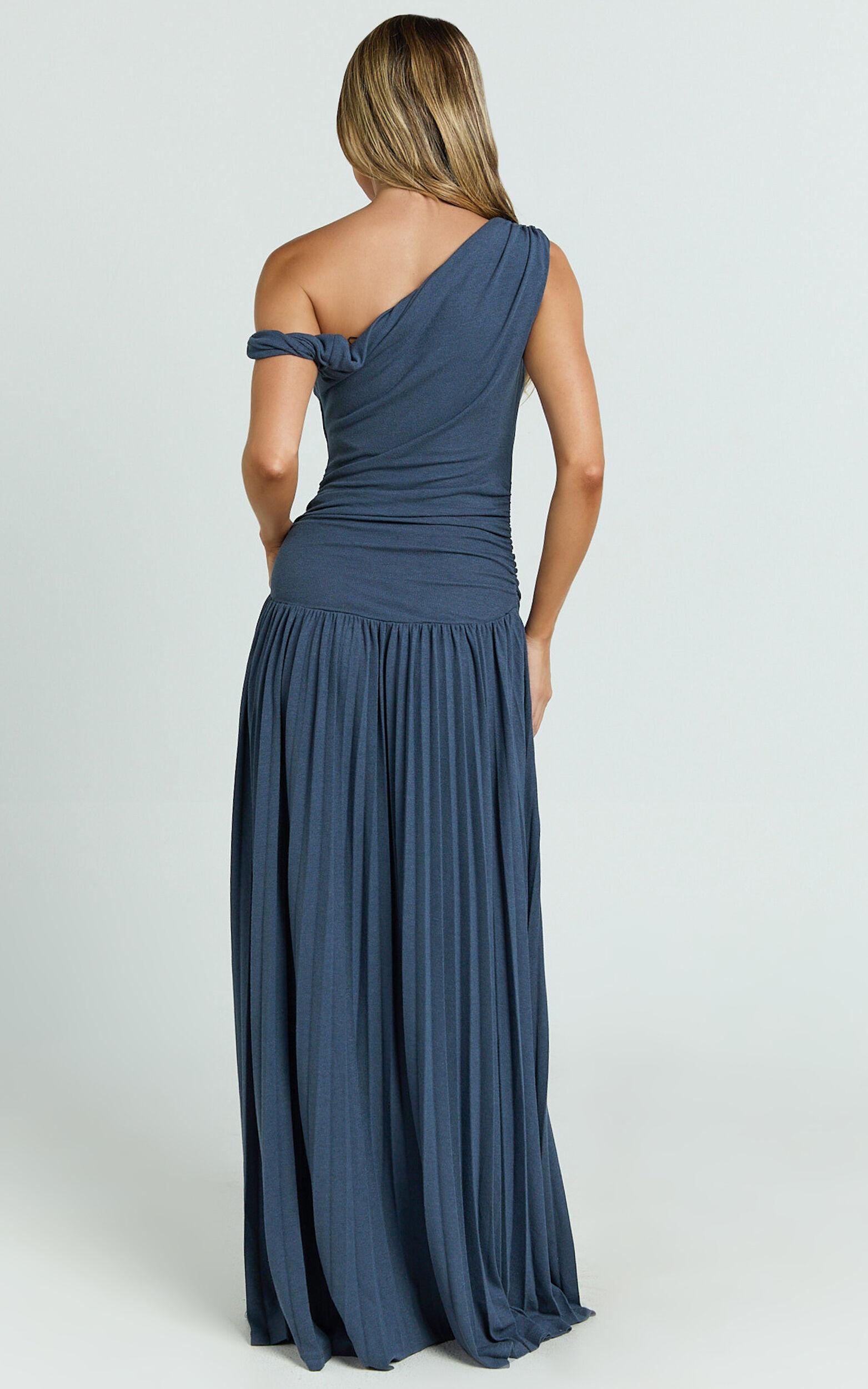 Yvonne Maxi Dress - Jersey Tip Shoulder Ruched Dress in Navy Product Image