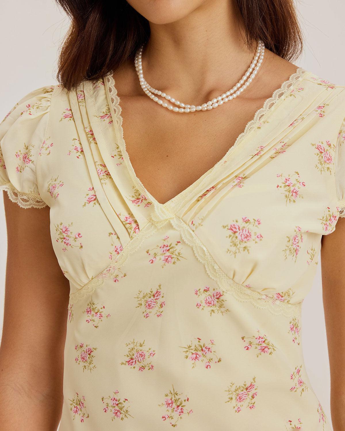 Yellow Floral V Neck Puffed Sleeve Maxi Dress Product Image