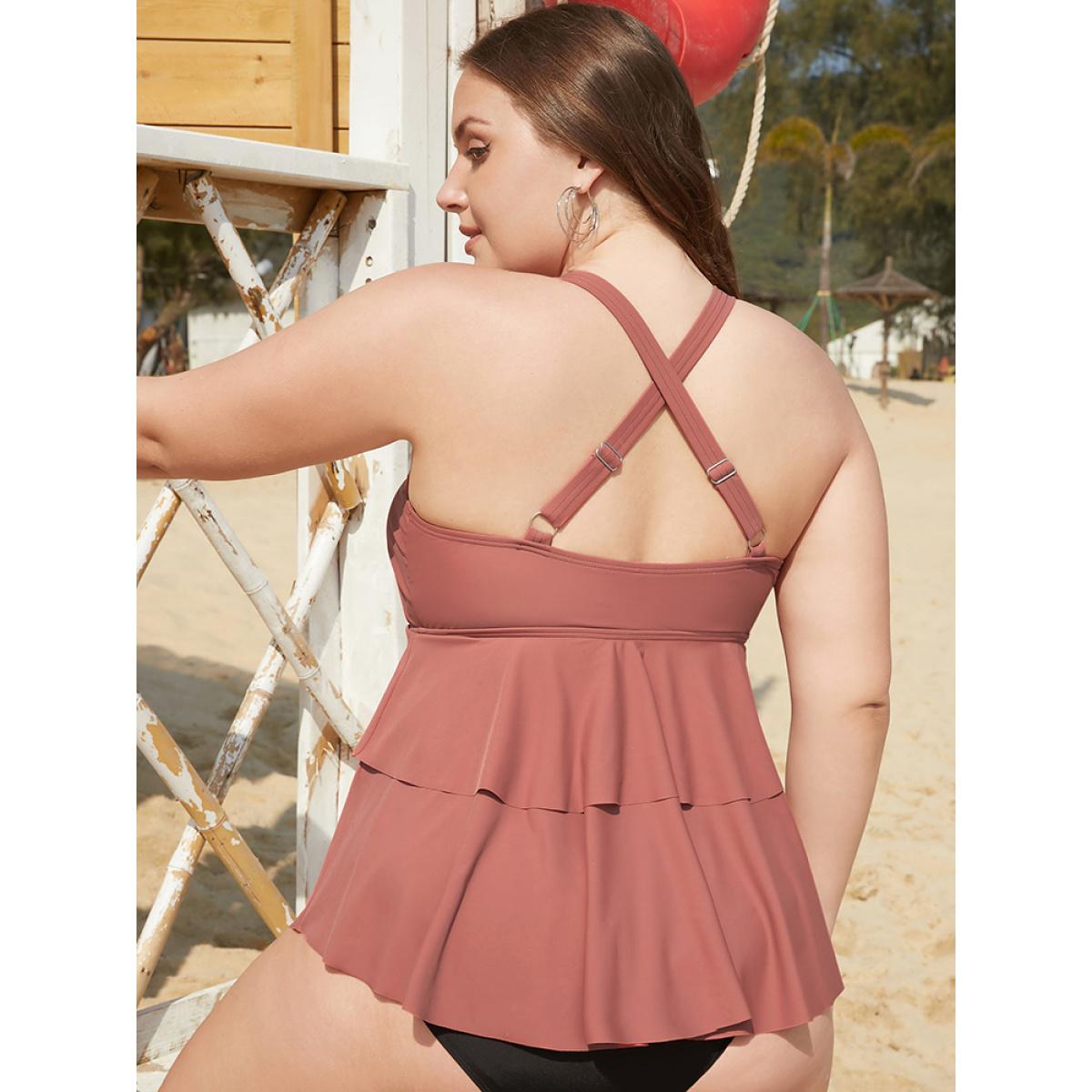 Plus Size Drawstring Crisscross Back Ruffle Tiered Tankini Top Women's Swimwear Russet Vacation Adjustable Straps High stretch Bodycon V-neck Curve Swim Tops BloomChic 18-20/2X Product Image